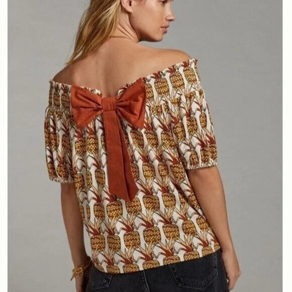 Anthropologie Porridge NWT Pineapple Off‎ Shoulder Bow Back Top Size XS - Picture 1 of 9